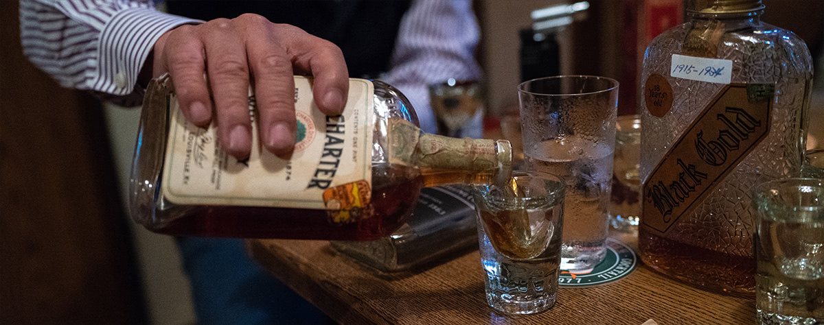 Mr. Tatsumi pours a few prohibition era whiskies for tasting